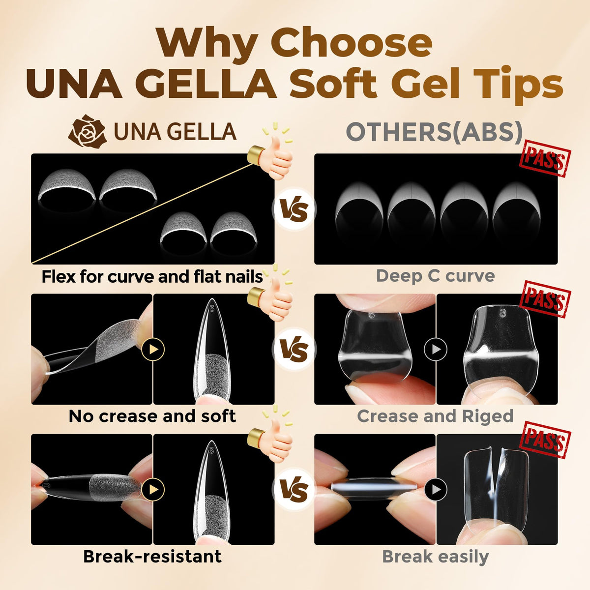 UNA GELLA tips held in hand to show scale and size variety for accurate fitting