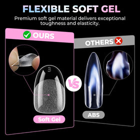 UNA GELLA nail tip being pressed on a natural nail, quick DIY application