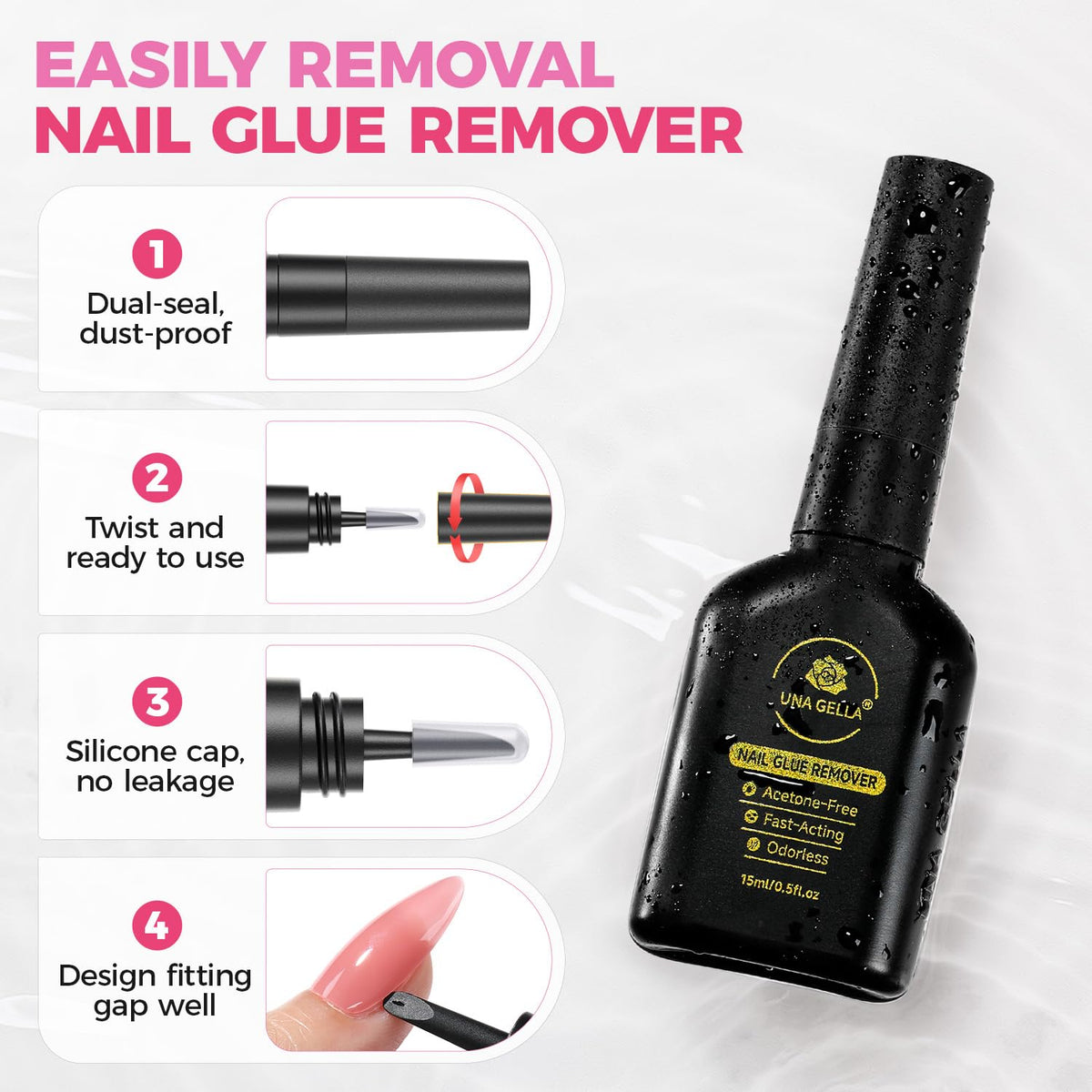 UNA GELLA in use lifting a press-on nail for fast, low-mess removal benefit