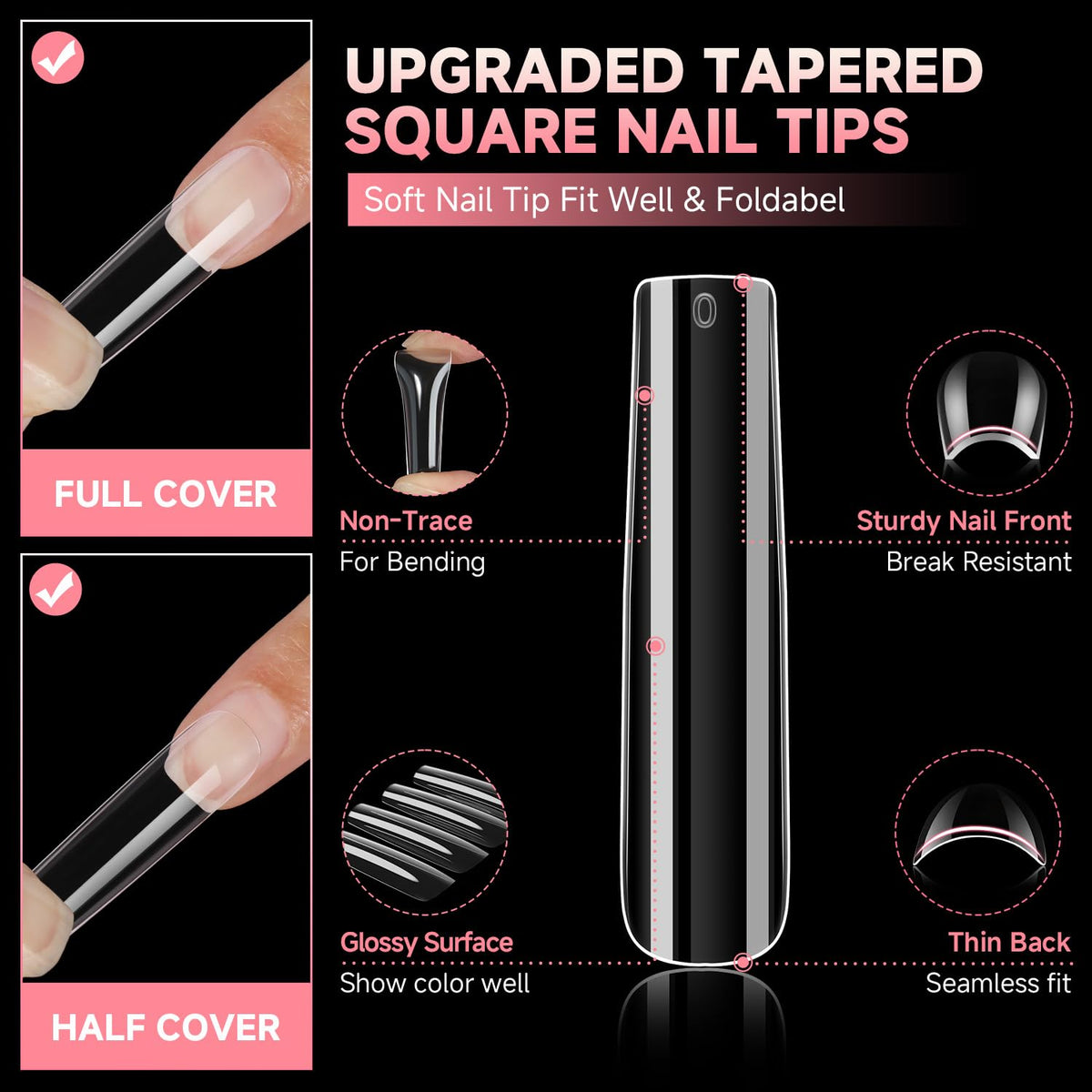 UNA GELLA tips beside a ruler showing XXL length for dramatic styles benefit clear scale