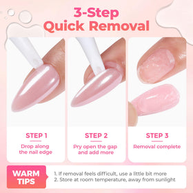 UNA GELLA in a home manicure scene showing cleaner, faster press-on removal benefit