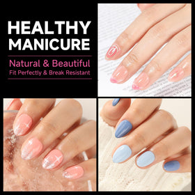 UNA GELLA lifestyle shot of finished short almond nails ready for wear