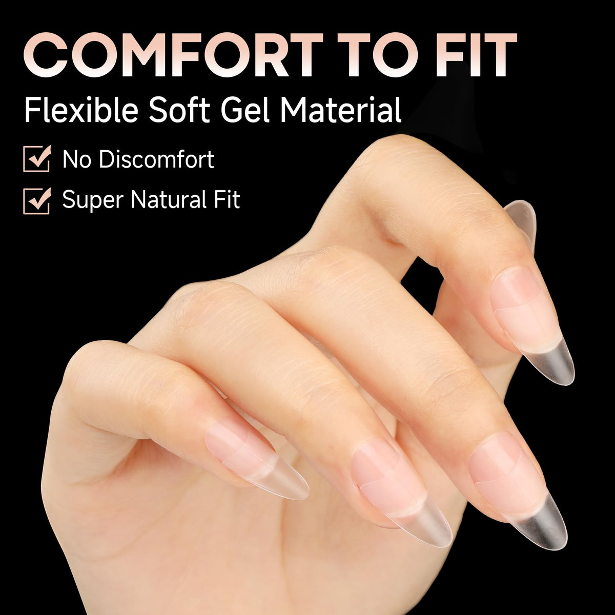 UNA GELLA almond gel tips applied on model hand showing finished nail art