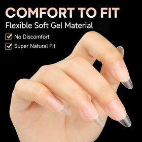 UNA GELLA almond gel tips applied on model hand showing finished nail art