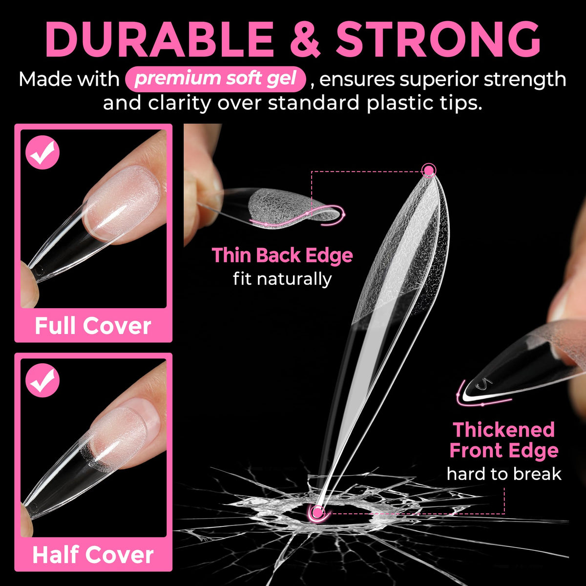 UNA GELLA long stiletto tips applied on hand demonstrating dramatic salon-ready look