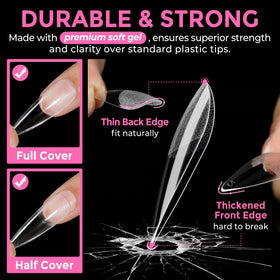 UNA GELLA long stiletto tips applied on hand demonstrating dramatic salon-ready look