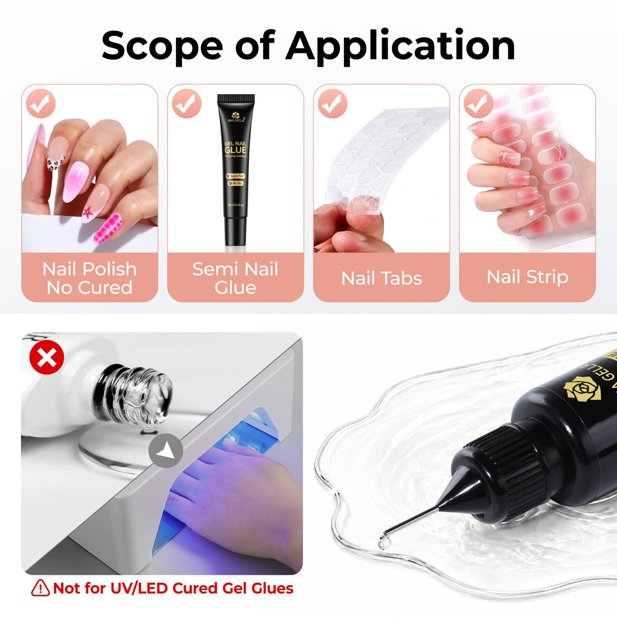 UNA GELLA pinpoint applicator close-up for precise adhesive removal benefit