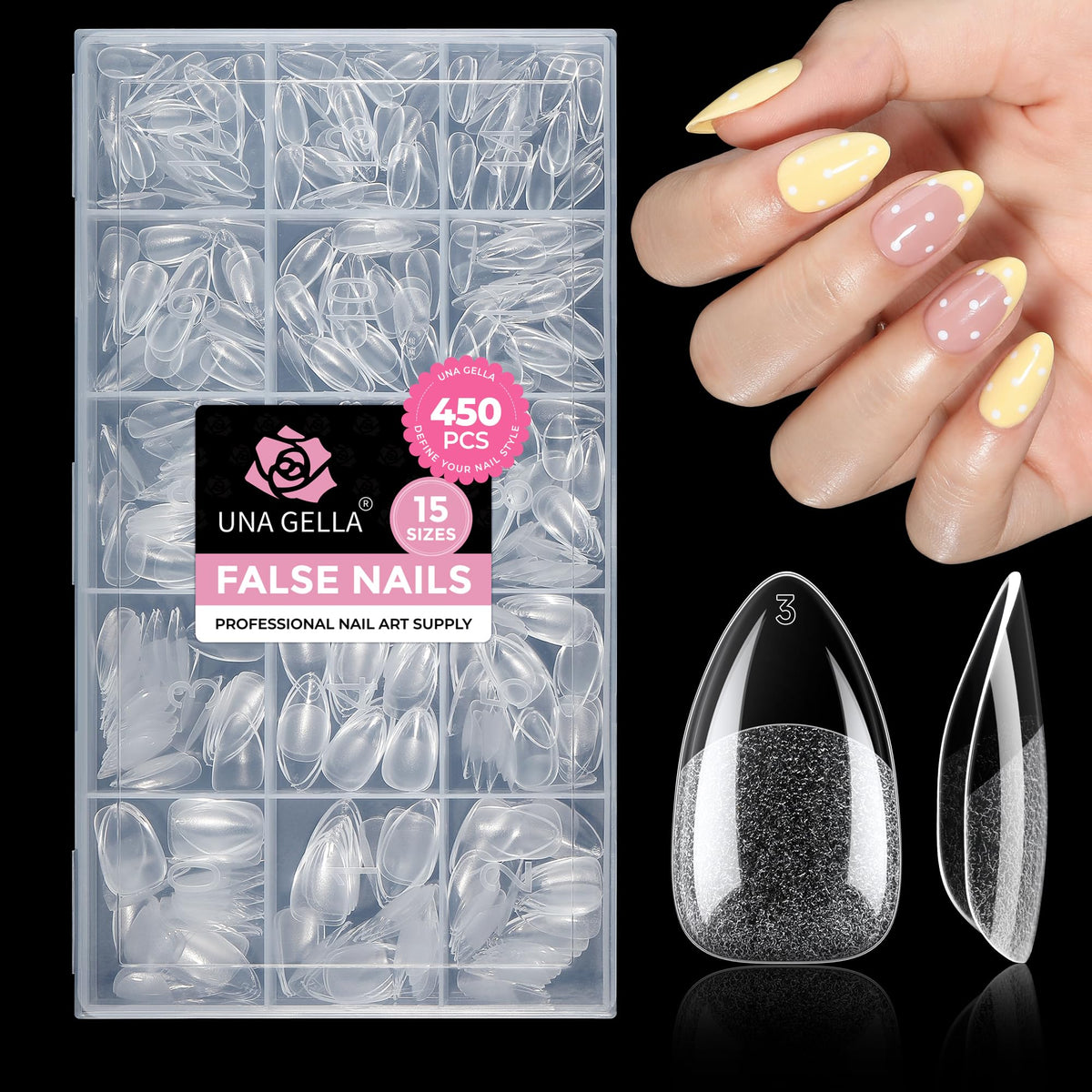 UNA GELLA polished almond extensions showing finished salon-quality look