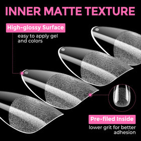 UNA GELLA polished almond tips in a lifestyle scene demonstrating glossy finish