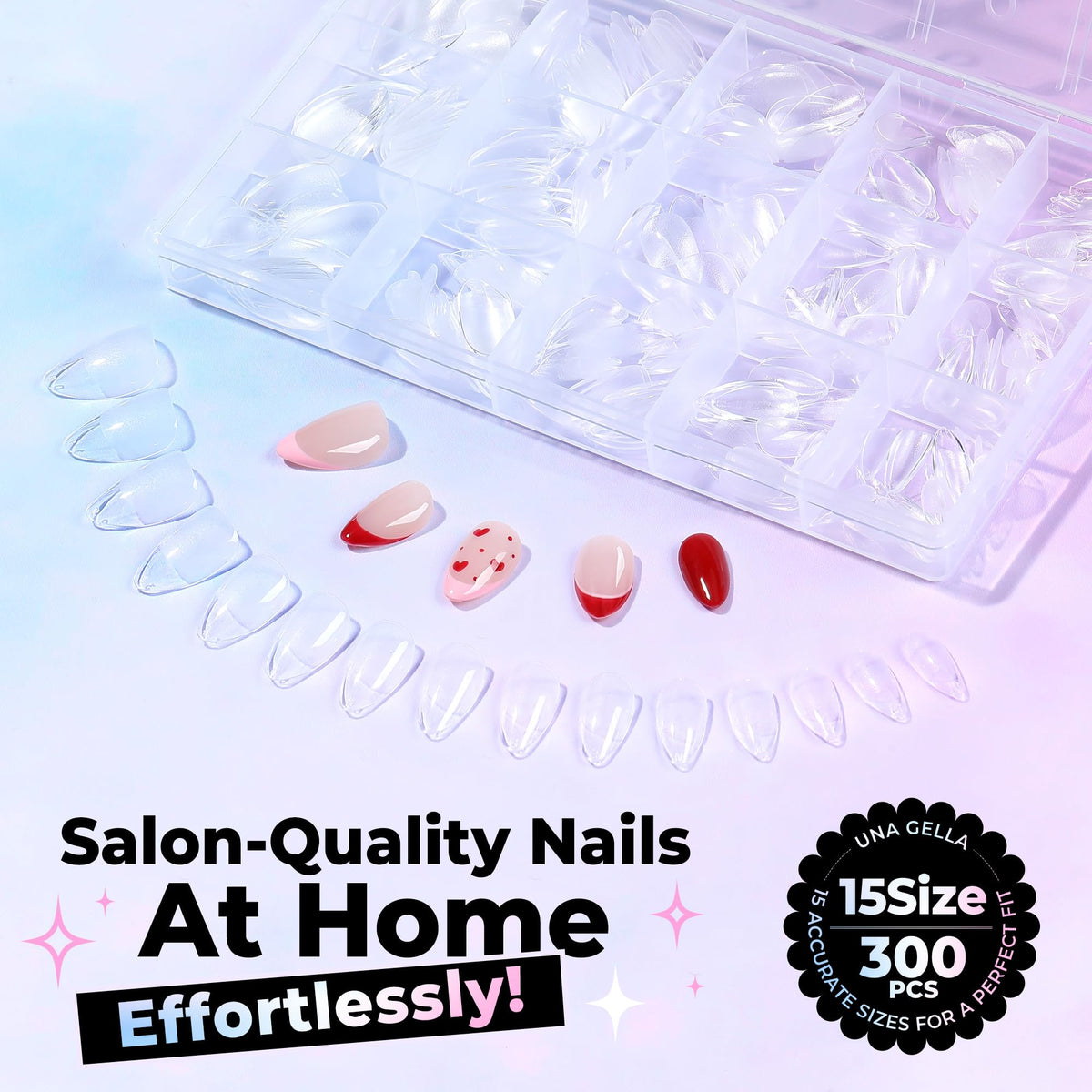 UNA GELLA polished almond nails on model hand, salon-quality appearance