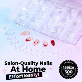 UNA GELLA polished almond nails on model hand, salon-quality appearance