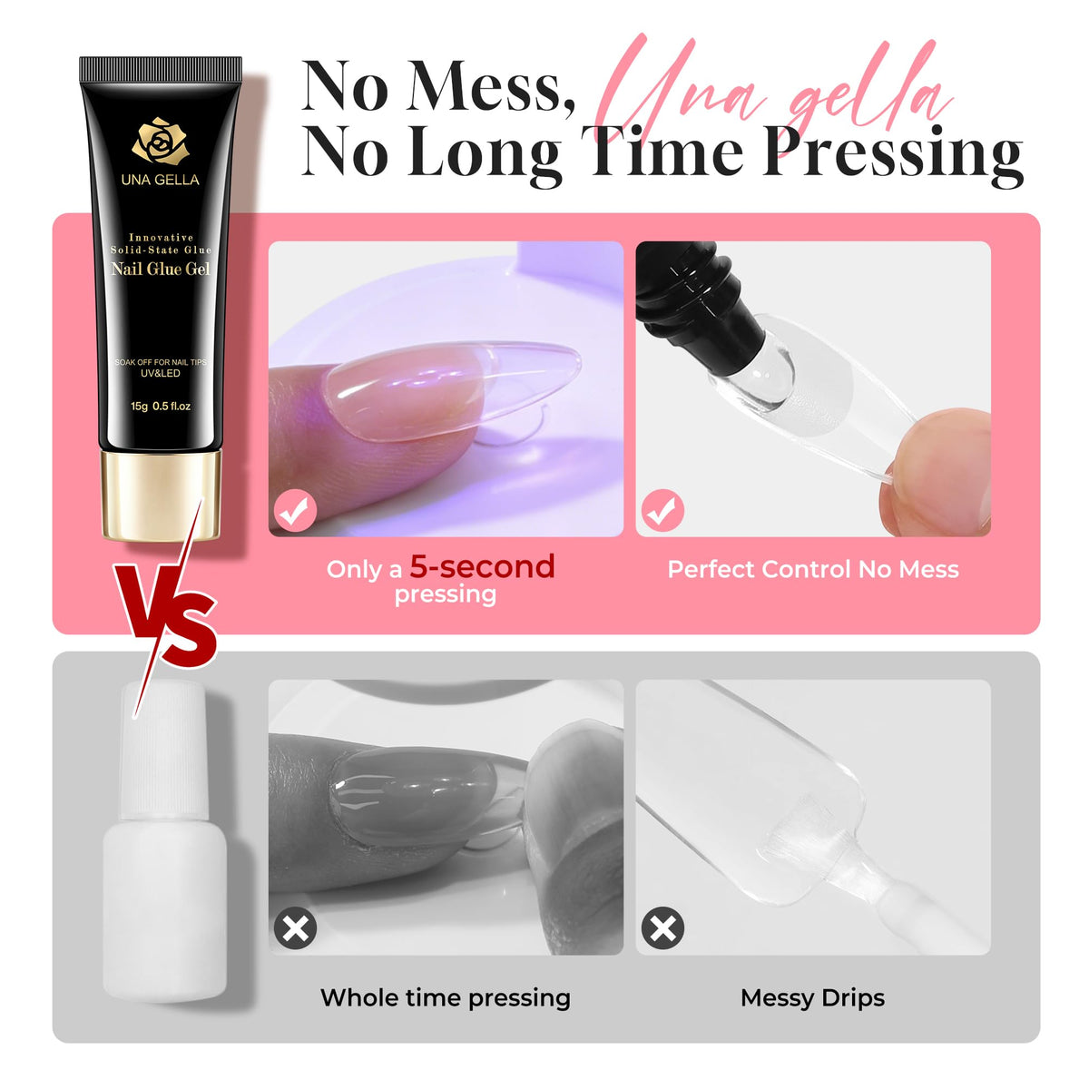 UNA GELLA applying gel to press-on nail for neat positioning and control