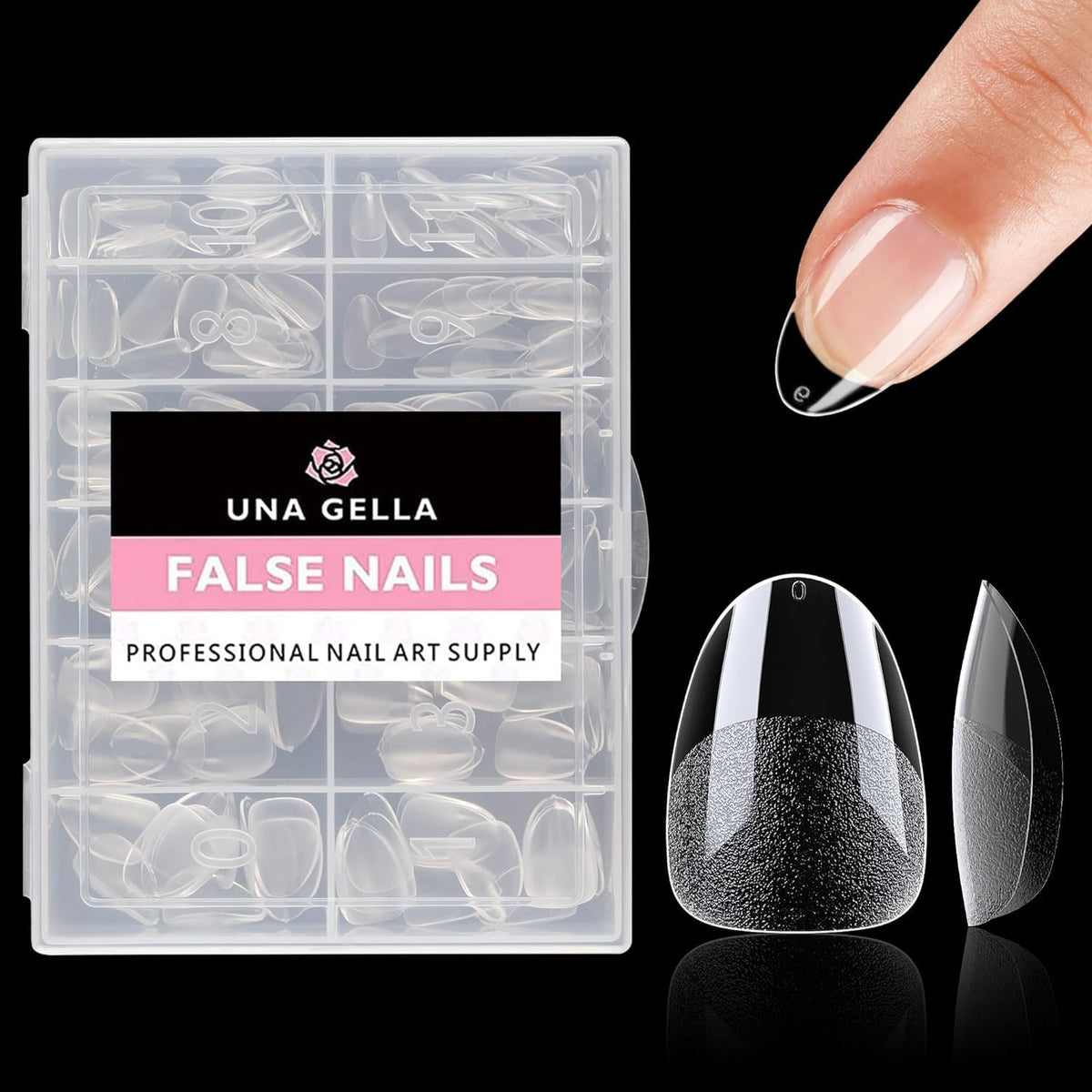 UNA GELLA tips beside fingers for scale comparison to choose correct size benefit