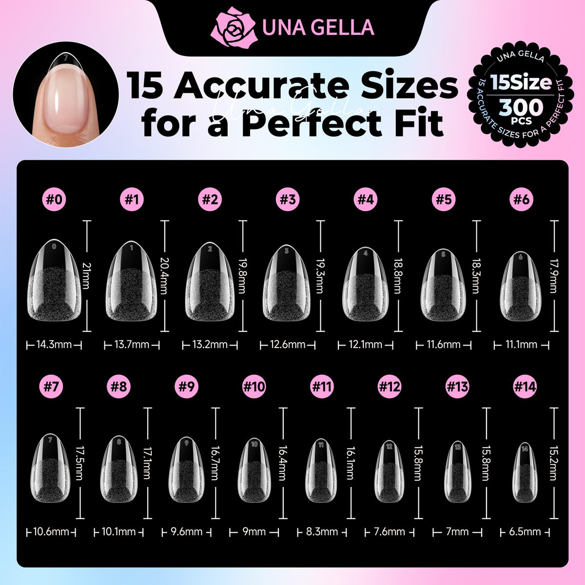 UNA GELLA size comparison on a hand model, visual guide to selecting sizes