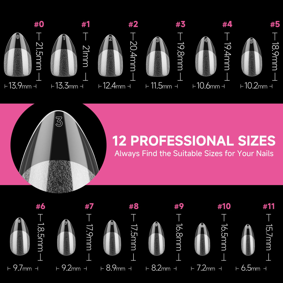 UNA GELLA scale comparison on hand illustrating short almond length and realistic look