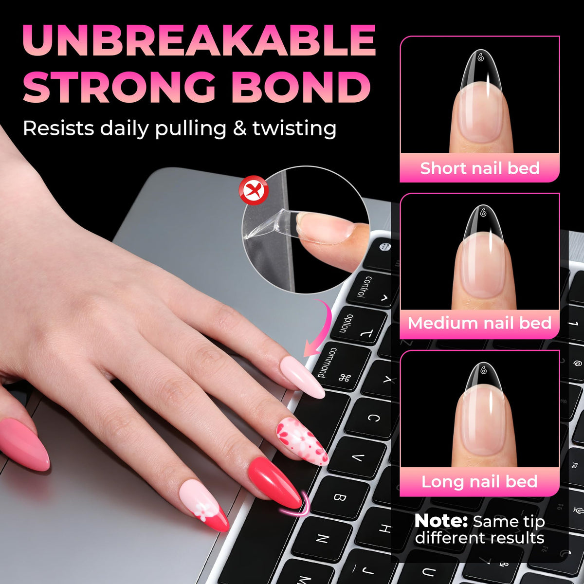 UNA GELLA tip next to natural nail to show seamless scale match