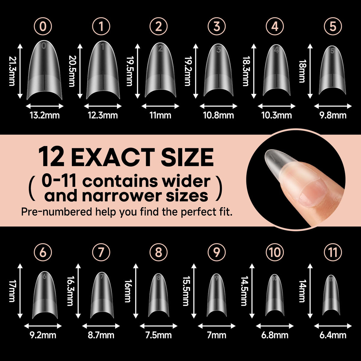 UNA GELLA tips on fingertip for scale comparison to show medium length