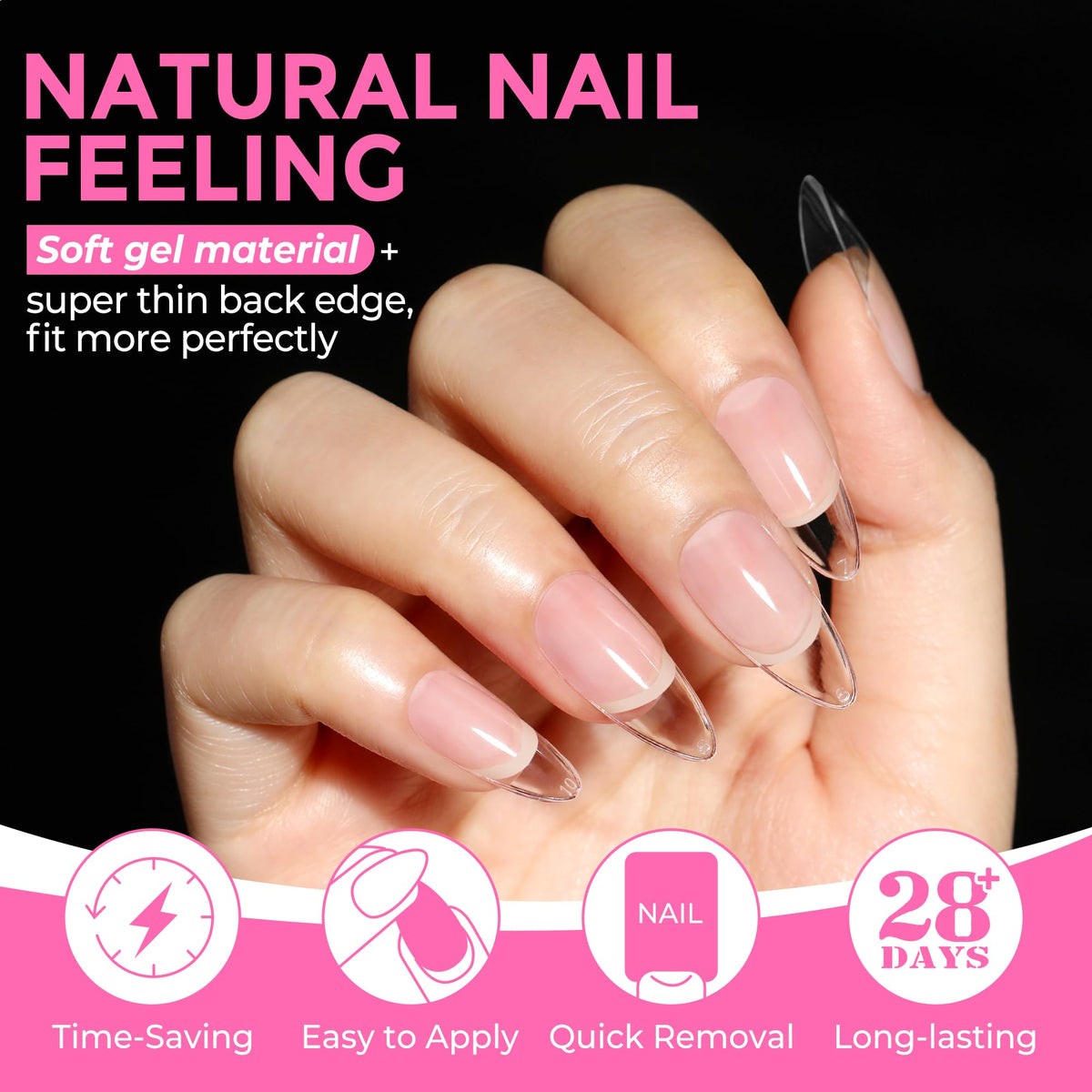 UNA GELLA tips next to a hand showing scale and quick at-home salon results