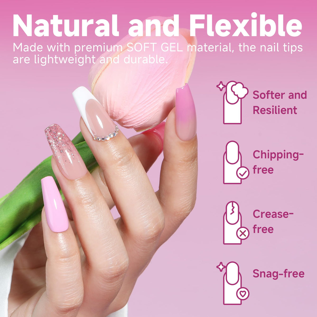 UNA GELLA side profile showing flat C-curve that fits nails comfortably benefit