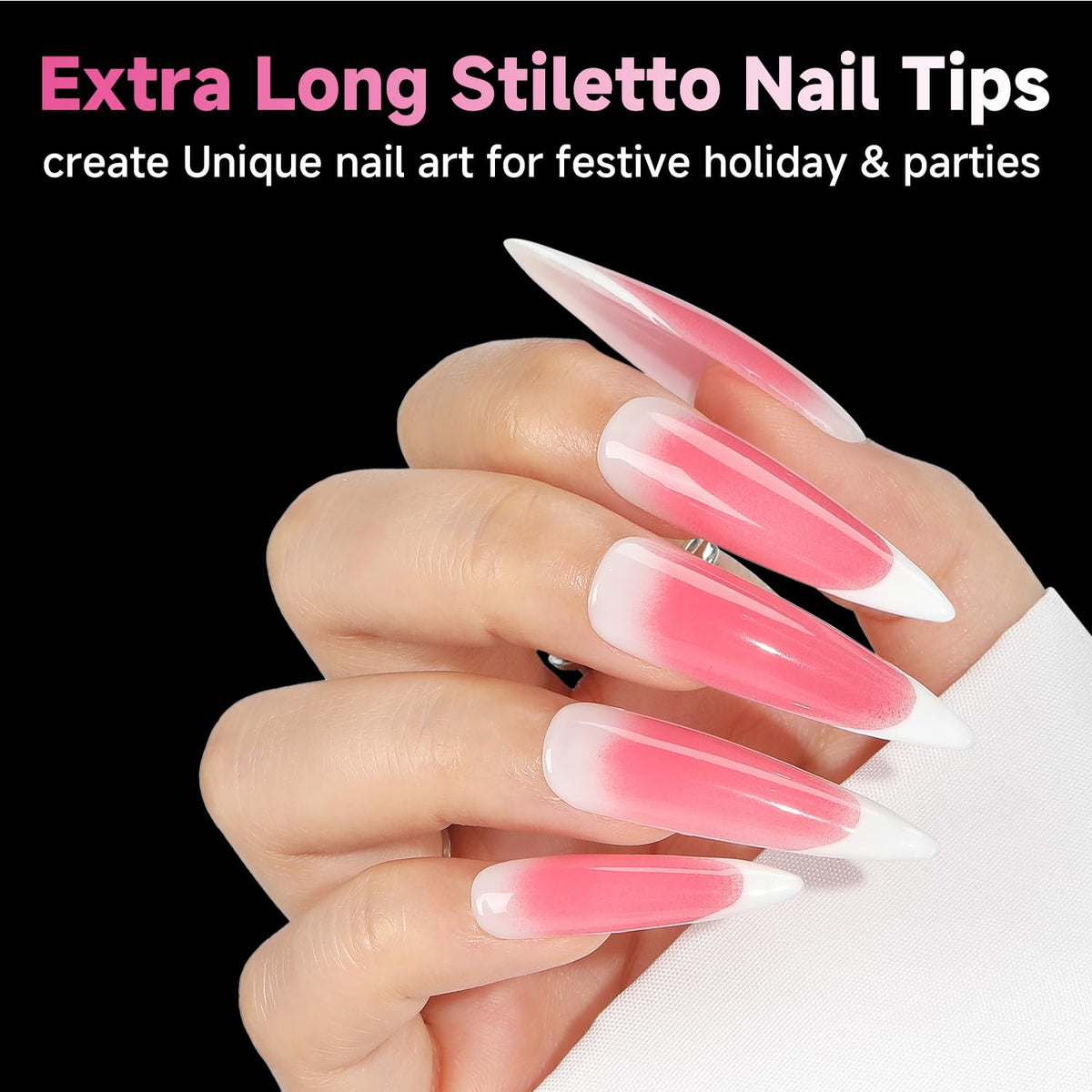 UNA GELLA side profile of extra long stiletto tip demonstrating pointed silhouette