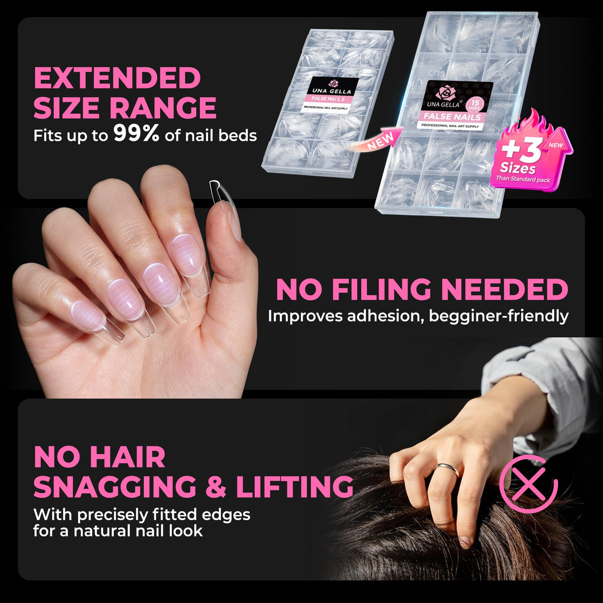 UNA GELLA neatly arranged sizes display that reduces side filing and saves time