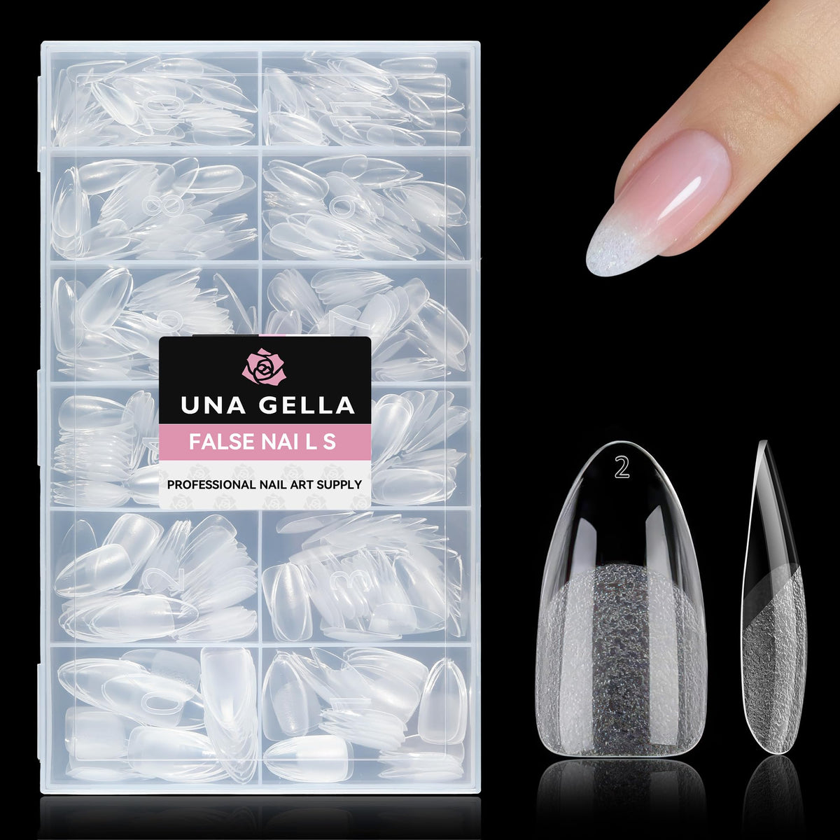 UNA GELLA size chart with tips placed on ruler to compare scale and choose correct size