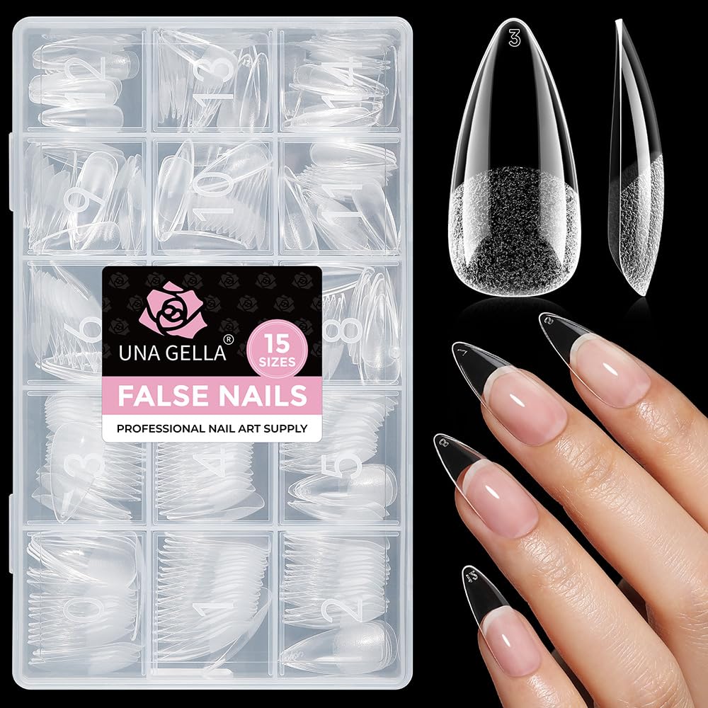 UNA GELLA front packaging showing 300-piece stiletto kit and clear benefits