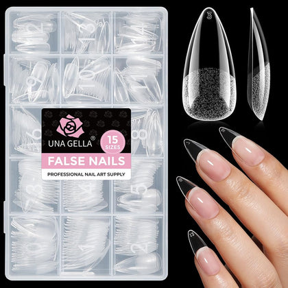UNA GELLA front packaging showing 300-piece stiletto kit and clear benefits