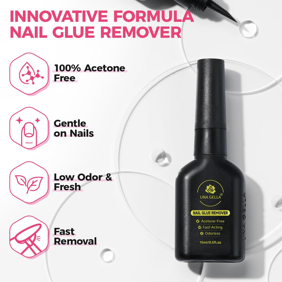 UNA GELLA gel texture drop on fingertip showing non-acetone gentle formulation