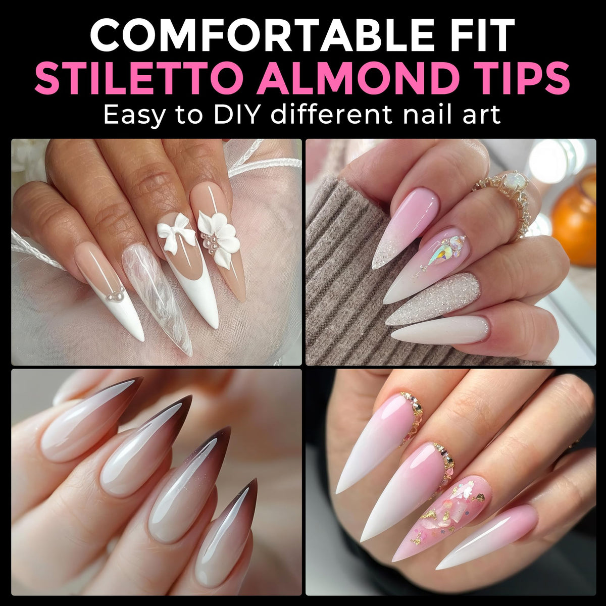 UNA GELLA close-up of stiletto tip curvature highlighting comfortable fit benefit