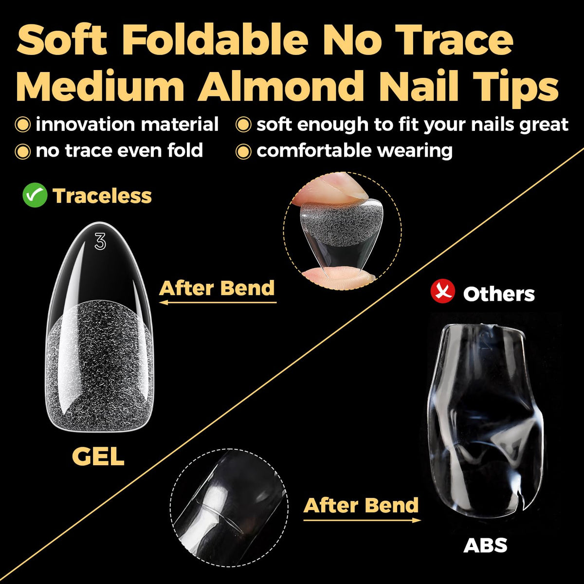 UNA GELLA side profile of tip edge, thin back thick front for comfort