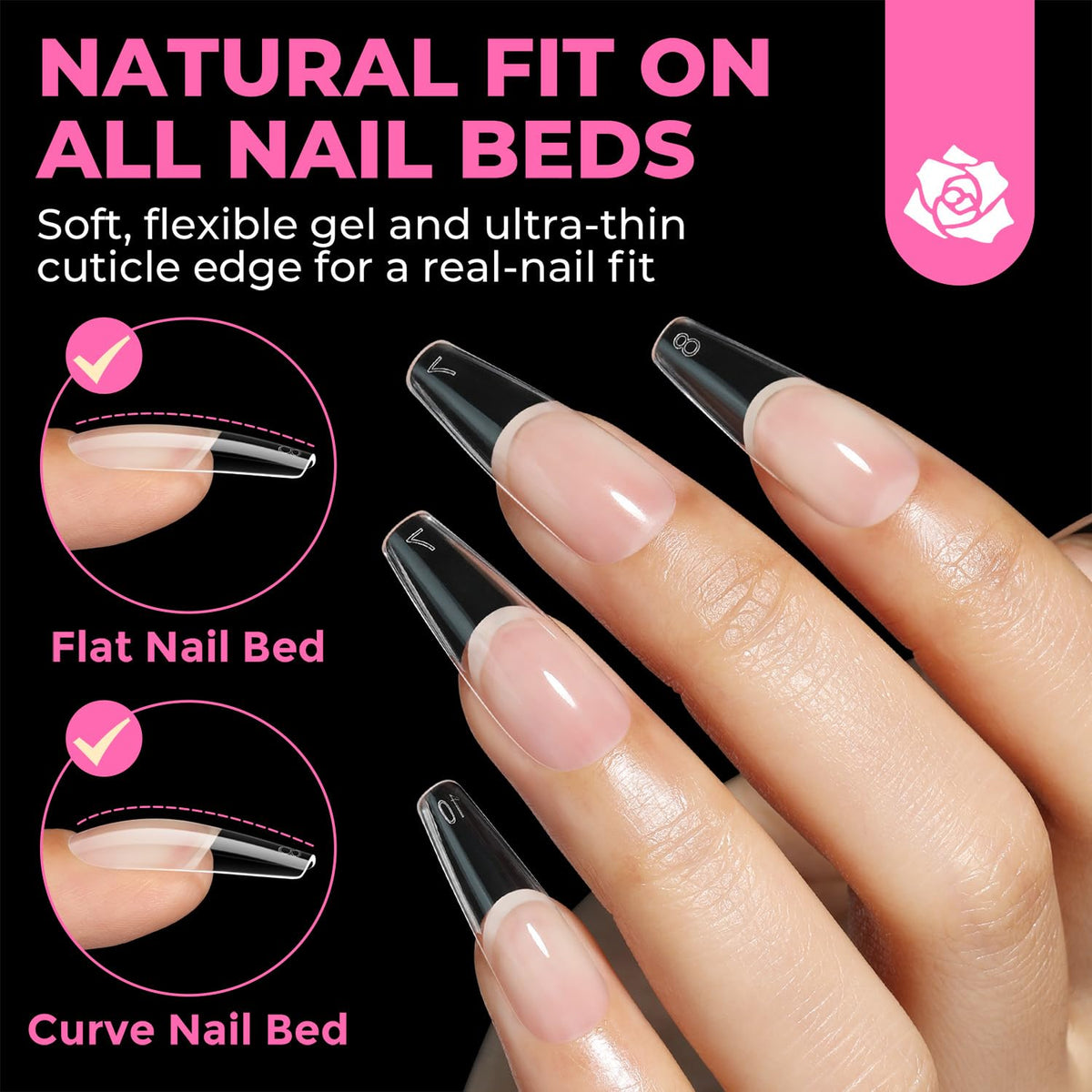 UNA GELLA side profile of tip edge showing shallow curve for comfortable press-on