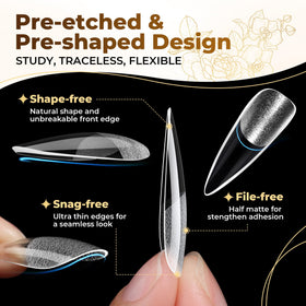 UNA GELLA side profile of stiletto tip showing thick-front thin-back strength benefit