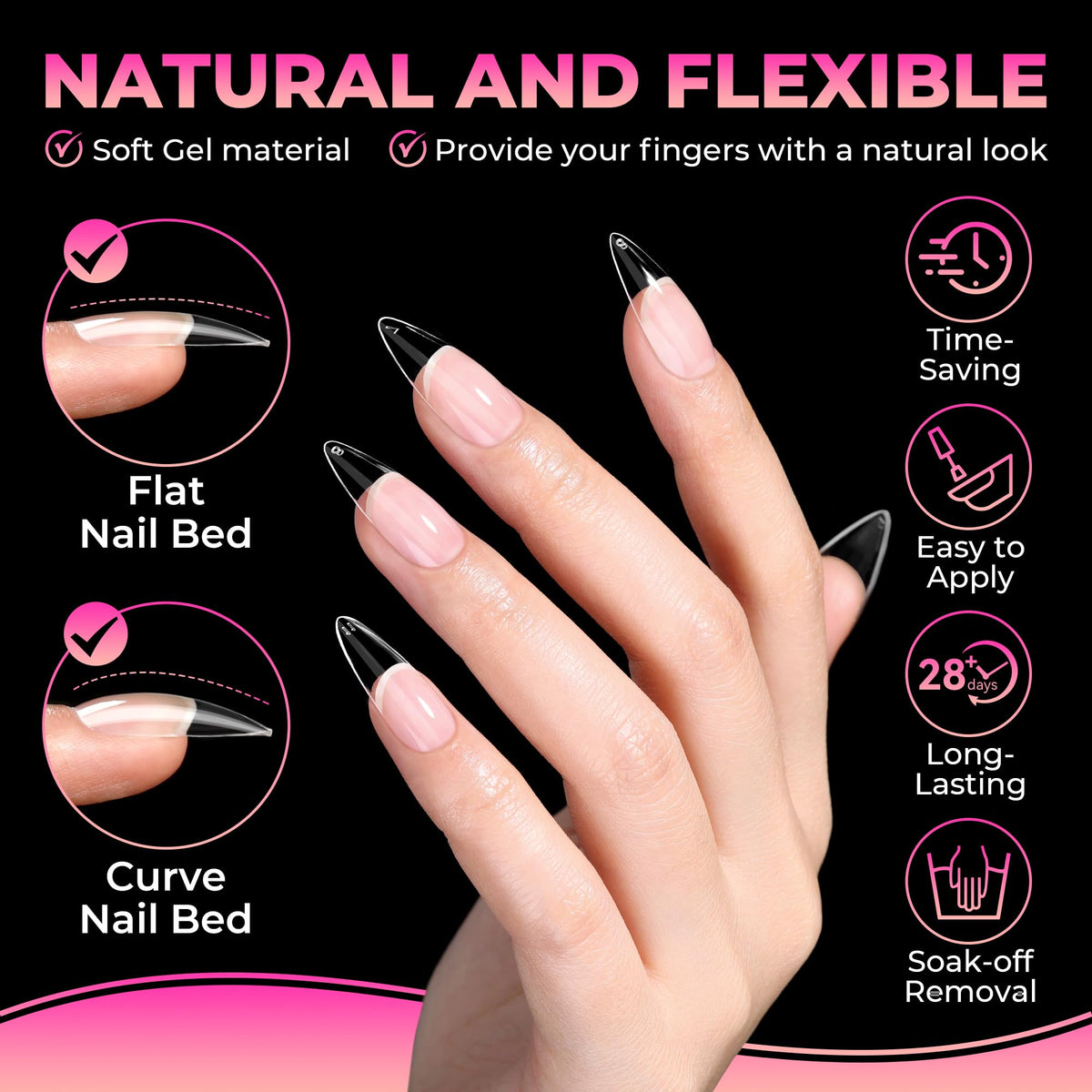 UNA GELLA display of 15 sizes arranged to show medium stiletto and almond shape fit