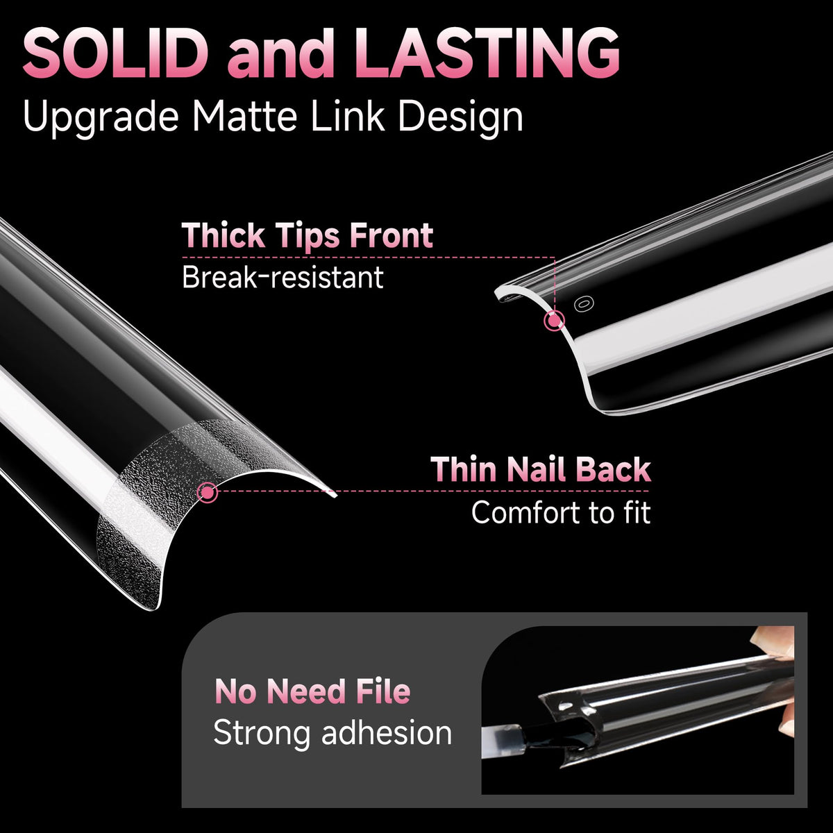 UNA GELLA side profile of a coffin tip showing no C-curve design for comfortable fit benefit