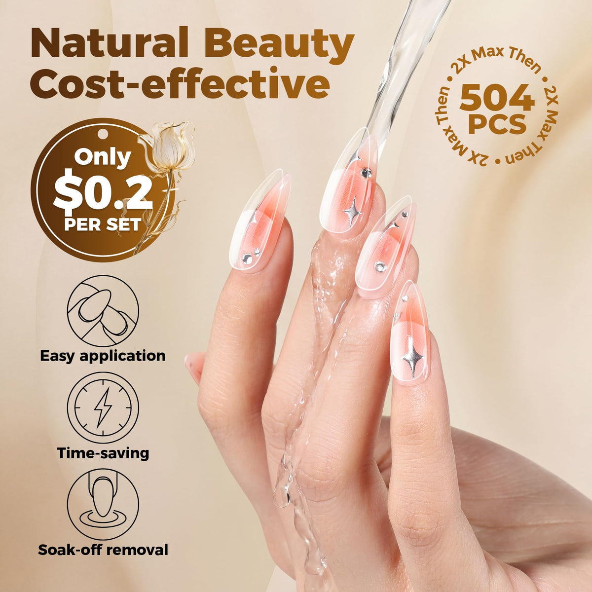 UNA GELLA applied stiletto tips on hand, ready for art or polish
