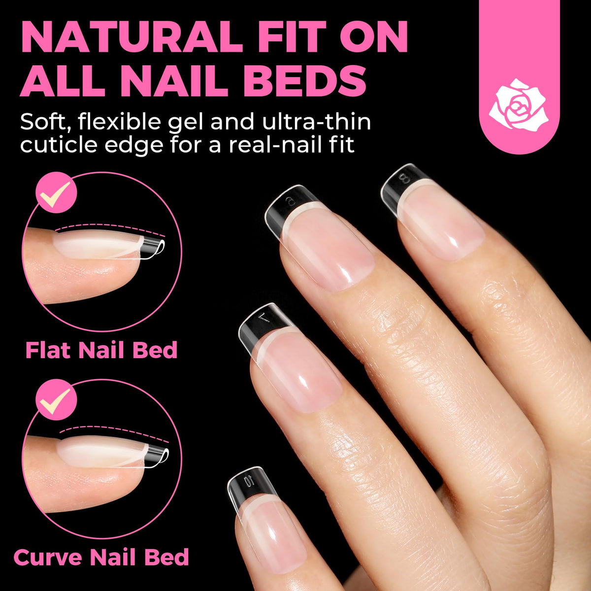 UNA GELLA tips in hand to show scale and short square profile for natural look