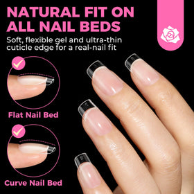 UNA GELLA tips in hand to show scale and short square profile for natural look