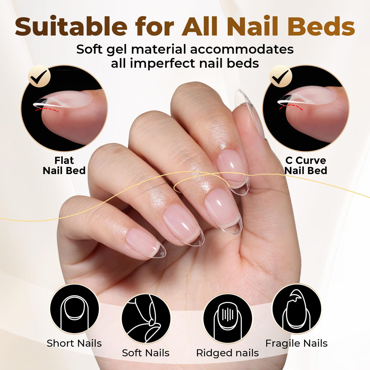 UNA GELLA tips applied on natural fingers showing a natural short almond look