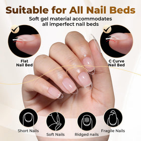 UNA GELLA tips applied on natural fingers showing a natural short almond look