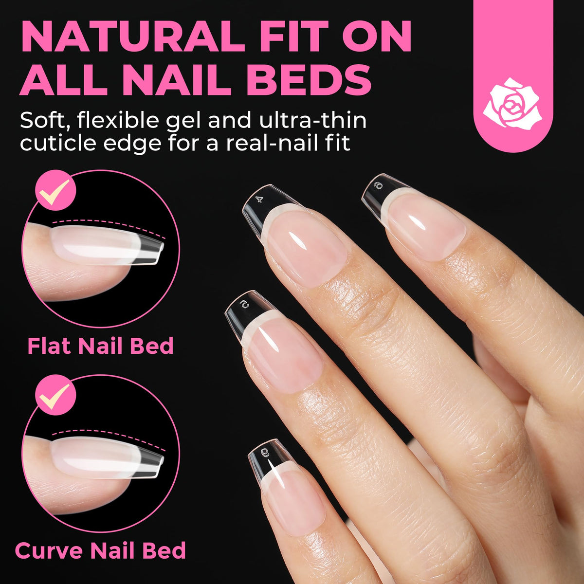 UNA GELLA short coffin tips applied on a model hand demonstrating natural full-cover look