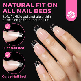 UNA GELLA short coffin tips applied on a model hand demonstrating natural full-cover look