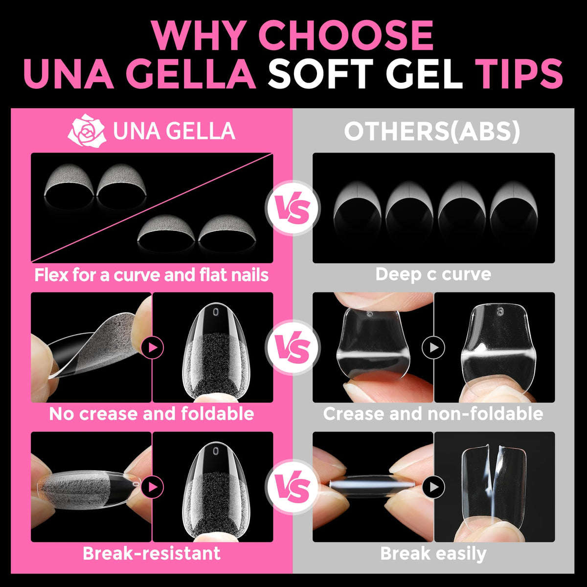 UNA GELLA trimmed and polished sample nails showing customizable finish benefit