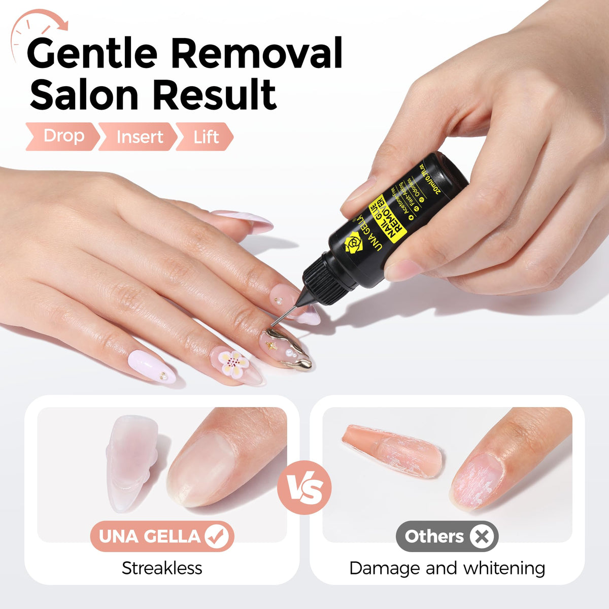 UNA GELLA being applied to press-on nail seam to gently lift adhesive benefit