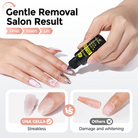 UNA GELLA being applied to press-on nail seam to gently lift adhesive benefit
