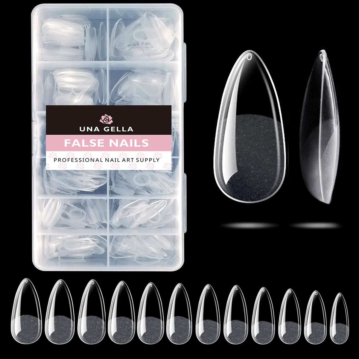 UNA GELLA variety of sizes laid out for choosing best-fitting tips quickly