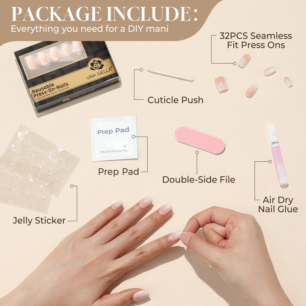 UNA GELLA nails worn on hands in neutral setting showing natural, salon-like finish