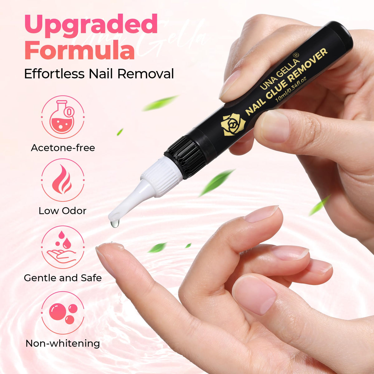 UNA GELLA remover droplet at nail edge showing targeted adhesive application benefit