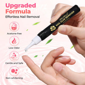 UNA GELLA remover droplet at nail edge showing targeted adhesive application benefit