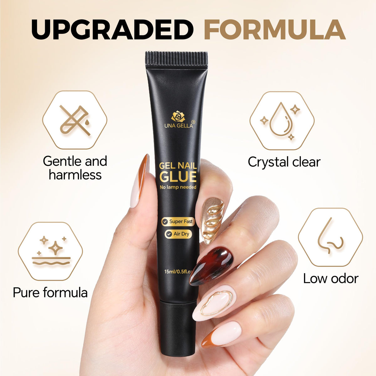 UNA GELLA applying press‑on nails, quick dry hold for fast manicures